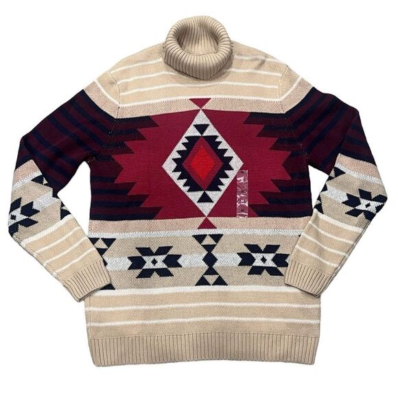 Unisex Aztec Tribal Fair Isle Turtleneck Beige Pullover Sweater - Picture 2 of 9